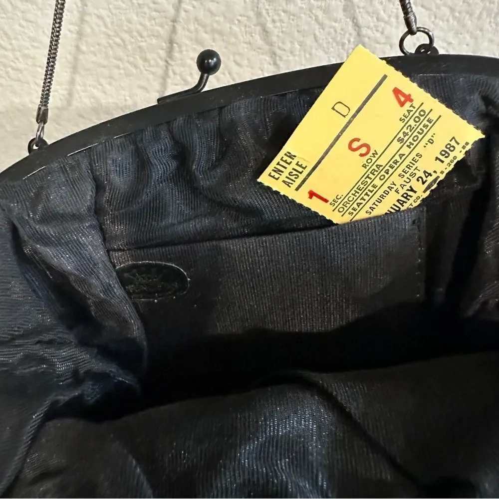 Vintage | deep green satin bag on a chain with the 1987 opera ticket